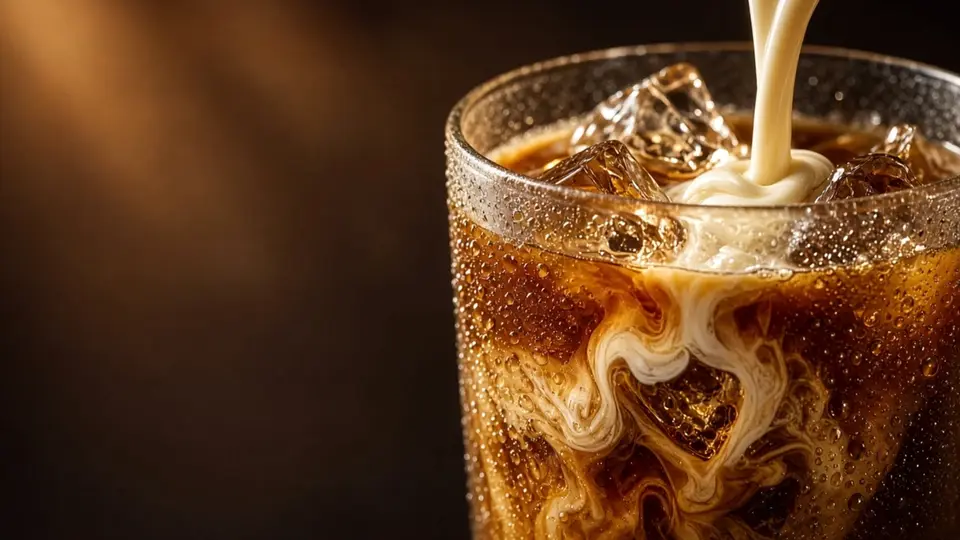 Condensed milk pouring into an iced Spanish latte, swirling through the espresso and ice.